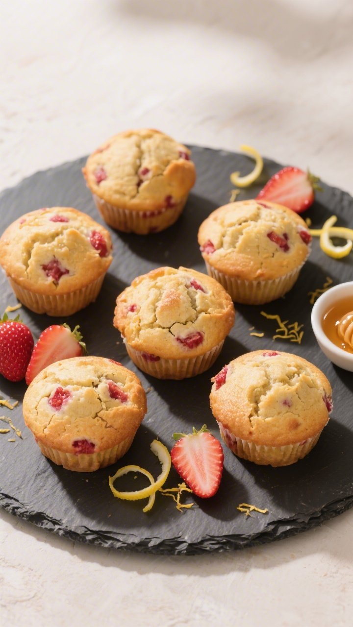 Final dish presentation: Restaurant-quality plated Honey-Sweetened Strawberry Yogurt Muffins arrange