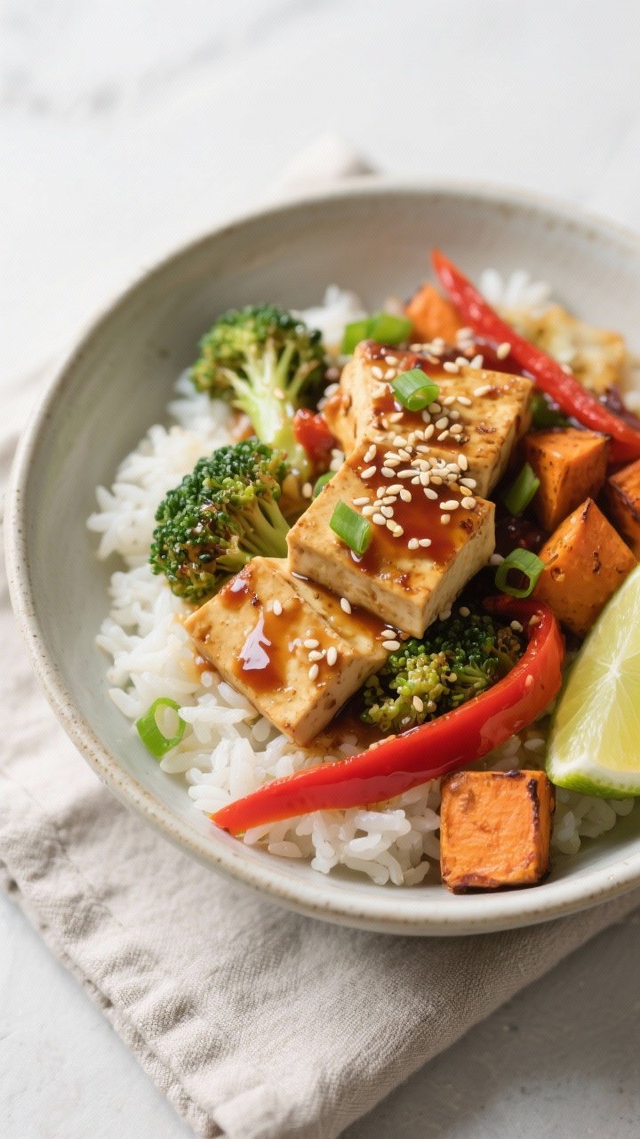 Final dish presentation: Restaurant-quality plated bowl of sheet-pan tofu and roasted vegetables ser