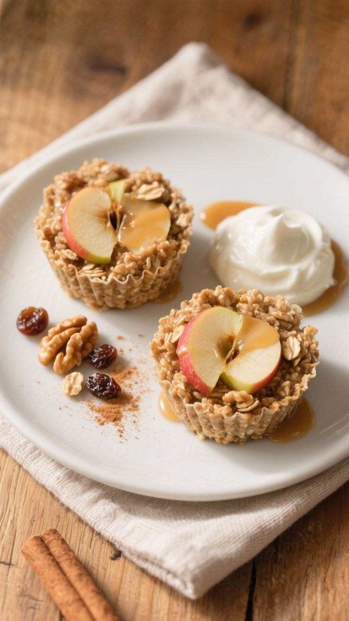 Final dish presentation: Restaurant-quality plating of two no-bake apple cinnamon oatmeal cups on a