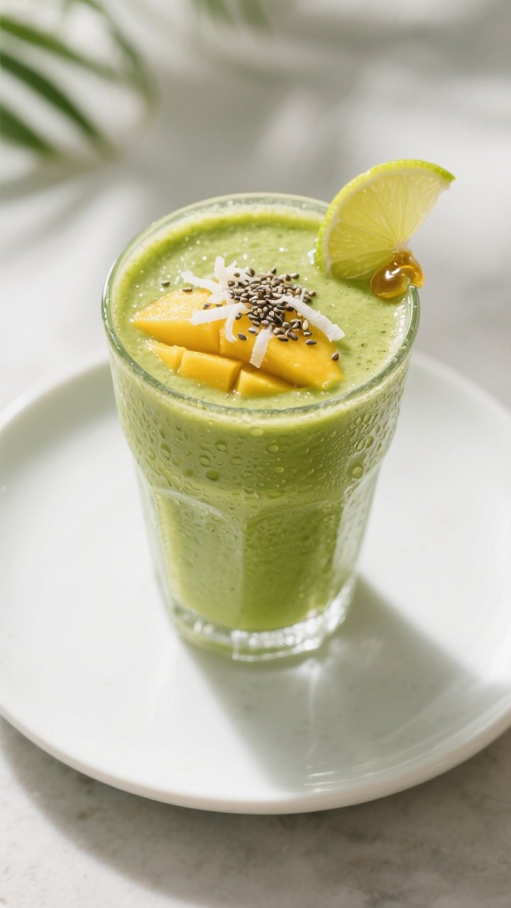 Final dish presentation: Restaurant-quality plating of the finished Mango Spinach High-Fiber Smoothi