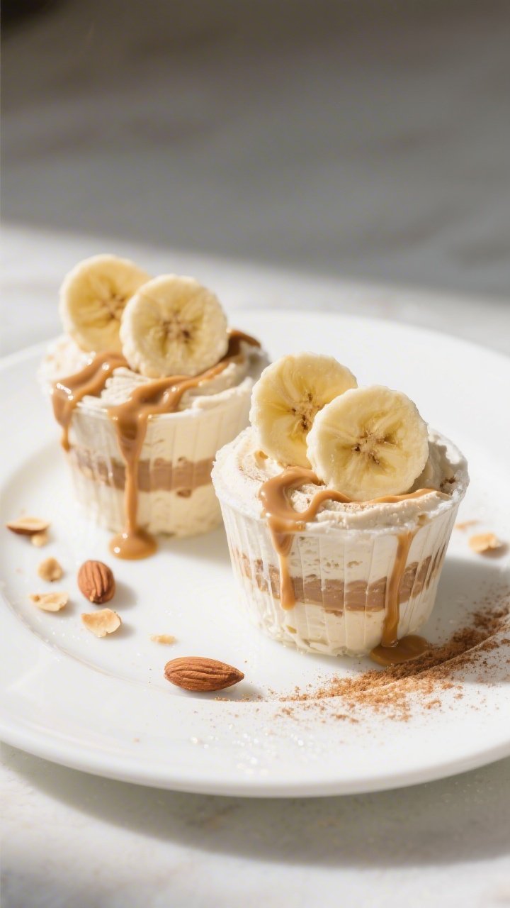 Final dish presentation: Restaurant-quality plating of two Banana Nice Cream Cups on a matte white d