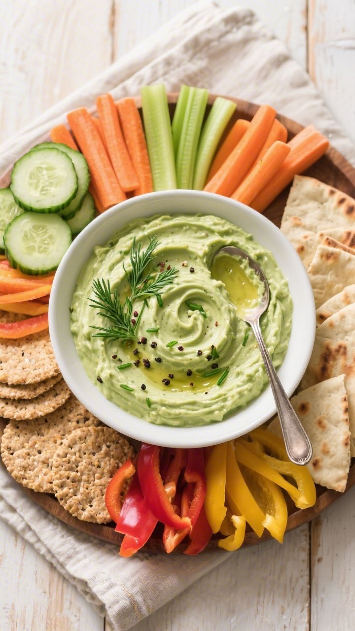 Final dish presentation: Tasty top view of the finished Avocado Ranch Spinach Protein Dip served as