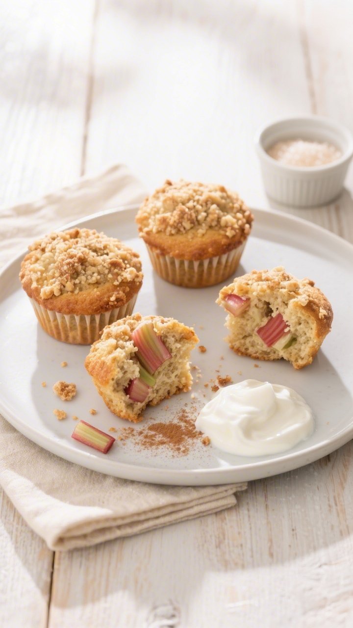 Final dish presentation: Three Rhubarb Yogurt Streusel Muffins on a matte white plate with a dollop 