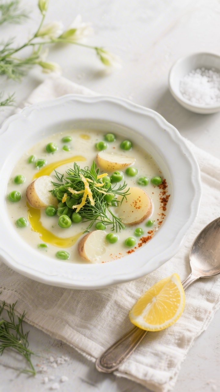 Final dish — Tasty top view: Overhead shot of a beautifully plated bowl of Spring Pea & Potato Lig