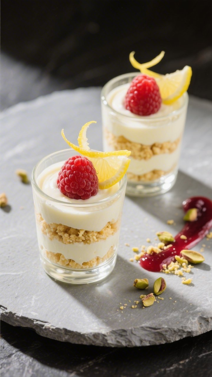 Final dish, top view: Overhead shot of mini parfaits of Greek yogurt lemon mousse layered with crush