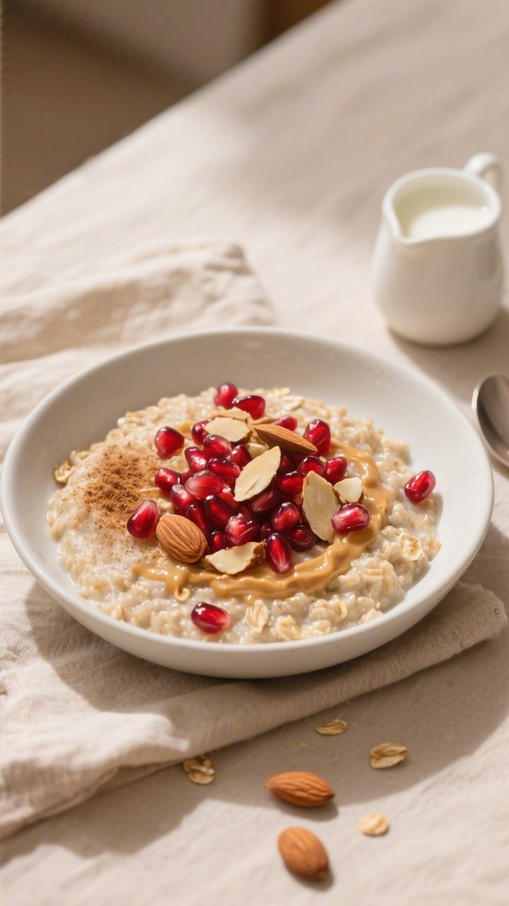 Final plated beauty shot: High-Protein Pomegranate Almond Oatmeal in a matte white bowl, topped with