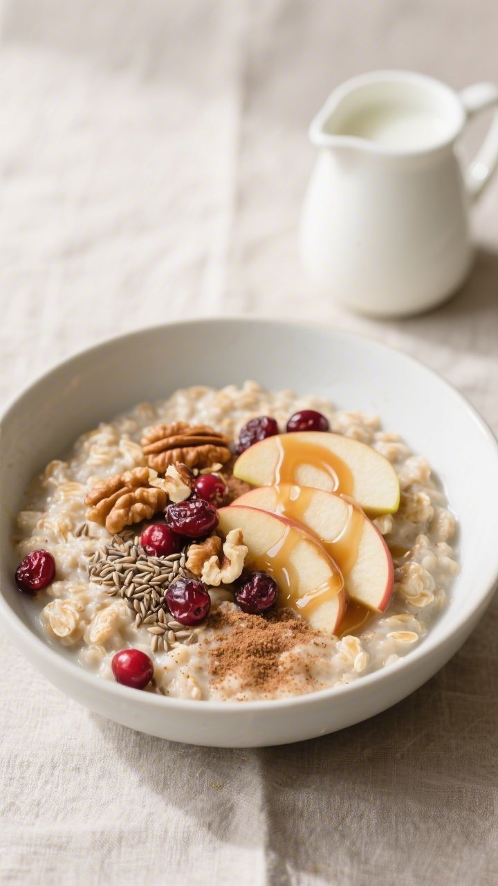 Final plated bowl beauty: Apple Cranberry Flax Protein Oatmeal served warm in a matte white bowl on 