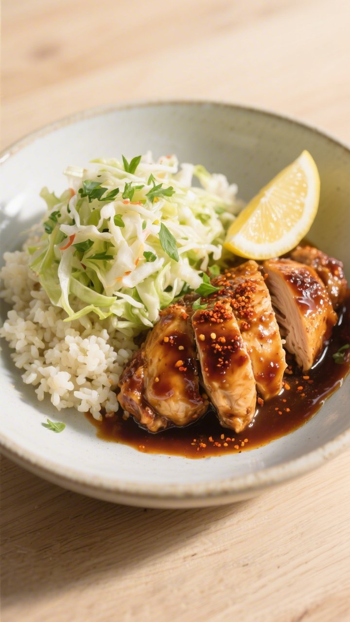 Final plated bowl: Restaurant-quality presentation of a low-carb bowl—saucy BBQ chicken over warm