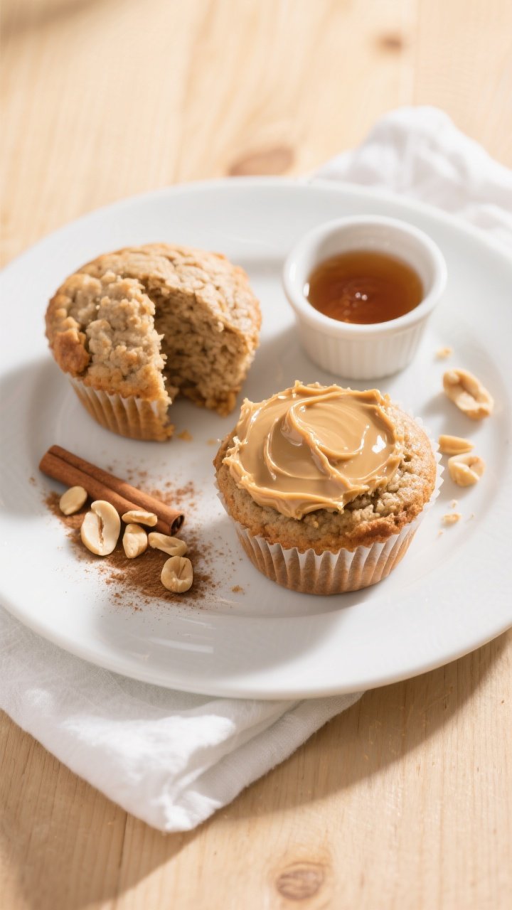 Final plated breakfast scene: two oat flour peanut butter protein muffins on a matte white plate, on