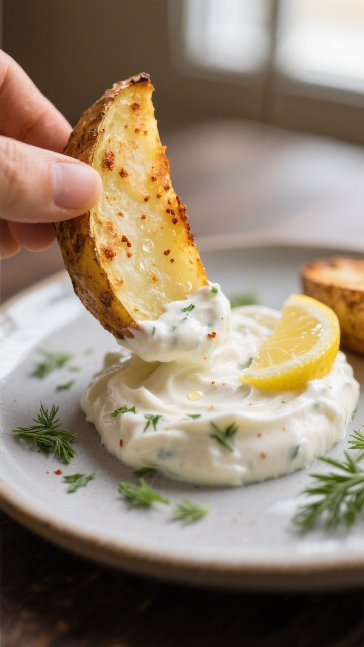 Final plated close-up: Ultra-close detail of a golden roasted potato wedge dipping into the Smoky BB