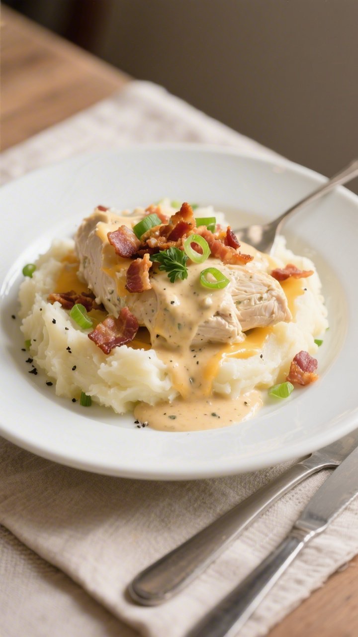 Final plated dish beauty: Creamy Crockpot Cream Cheese Chicken & Bacon spooned over buttery mashed p