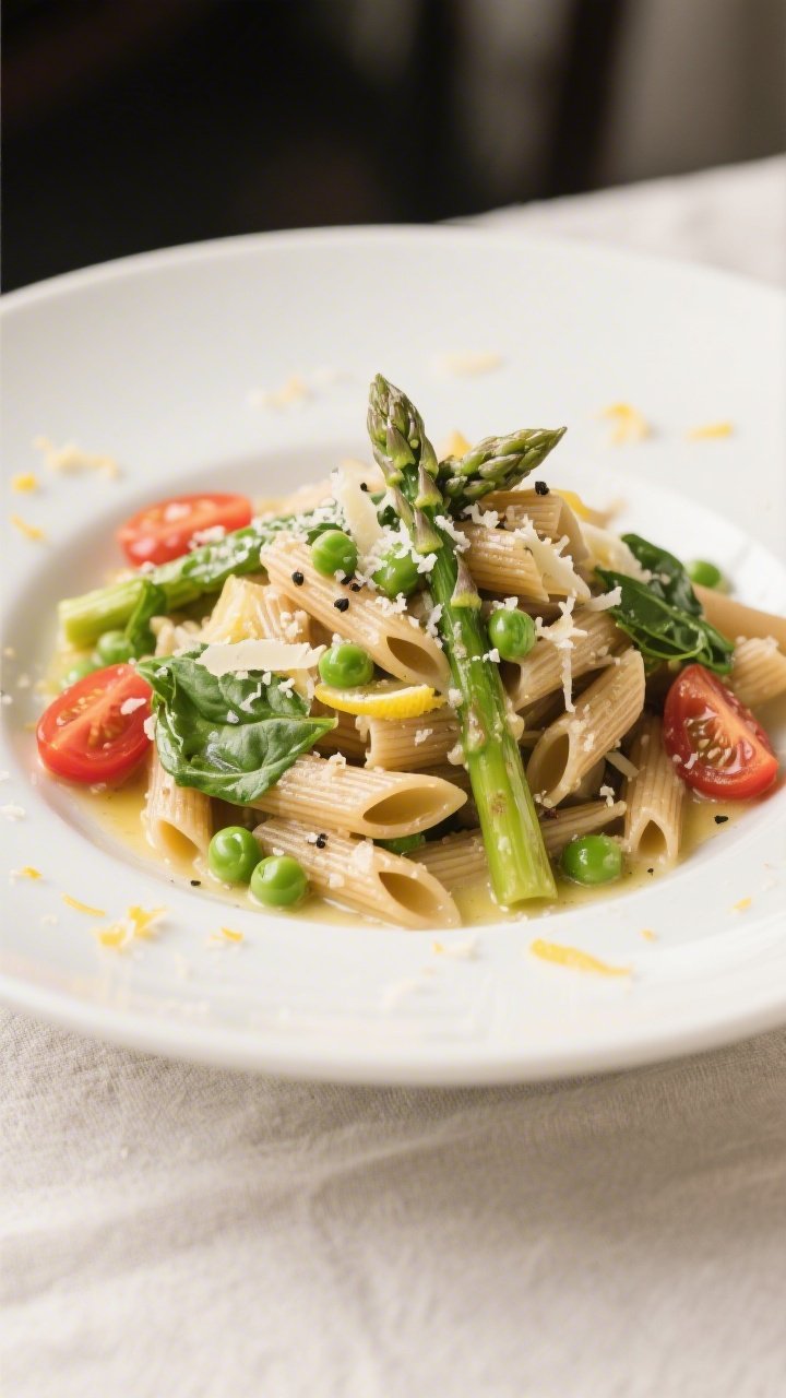 Final plated dish, restaurant-quality presentation: Spring Veggie Whole Wheat Pasta (penne) twirled