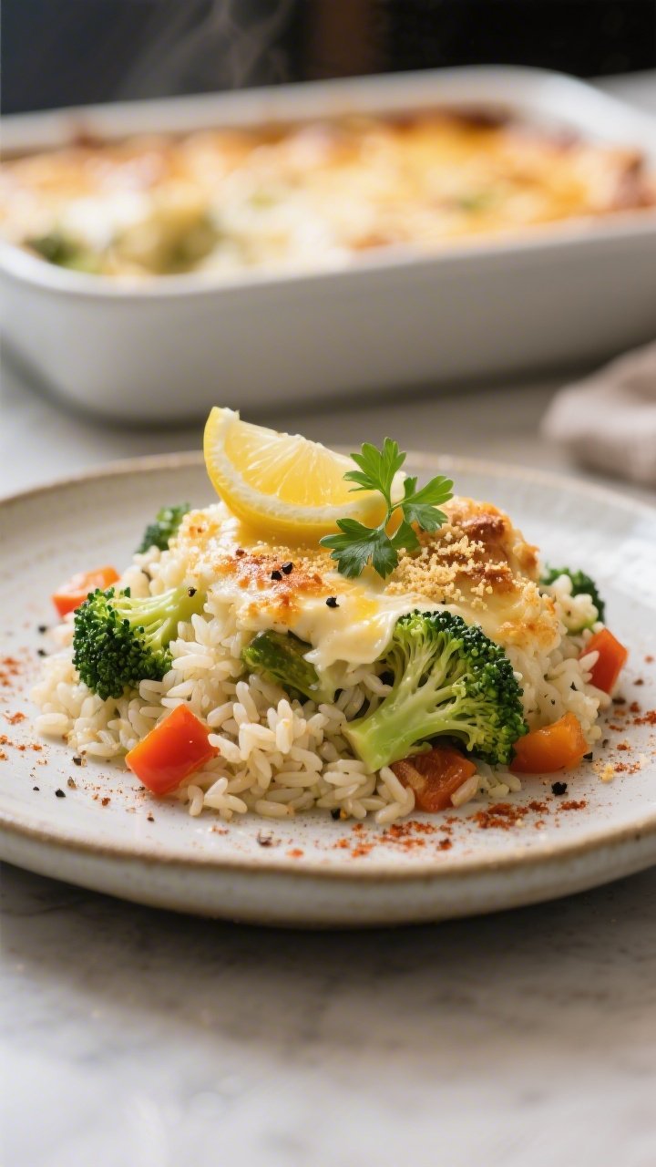 Final plated dish: Restaurant-quality presentation of a generous scoop of the baked vegan veggie ric