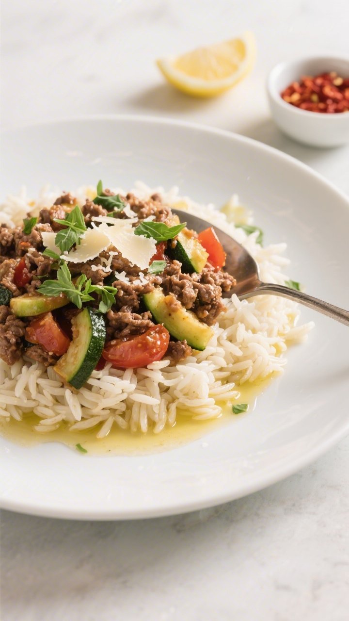 Final plated dish: Restaurant-quality presentation of a generous spoonful of Ground Beef & Zucchini