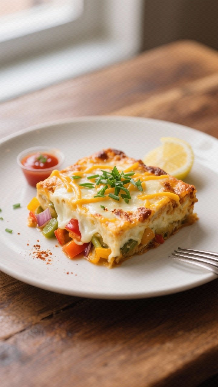Final plated dish, restaurant-quality presentation: A generous square of the casserole on a matte wh