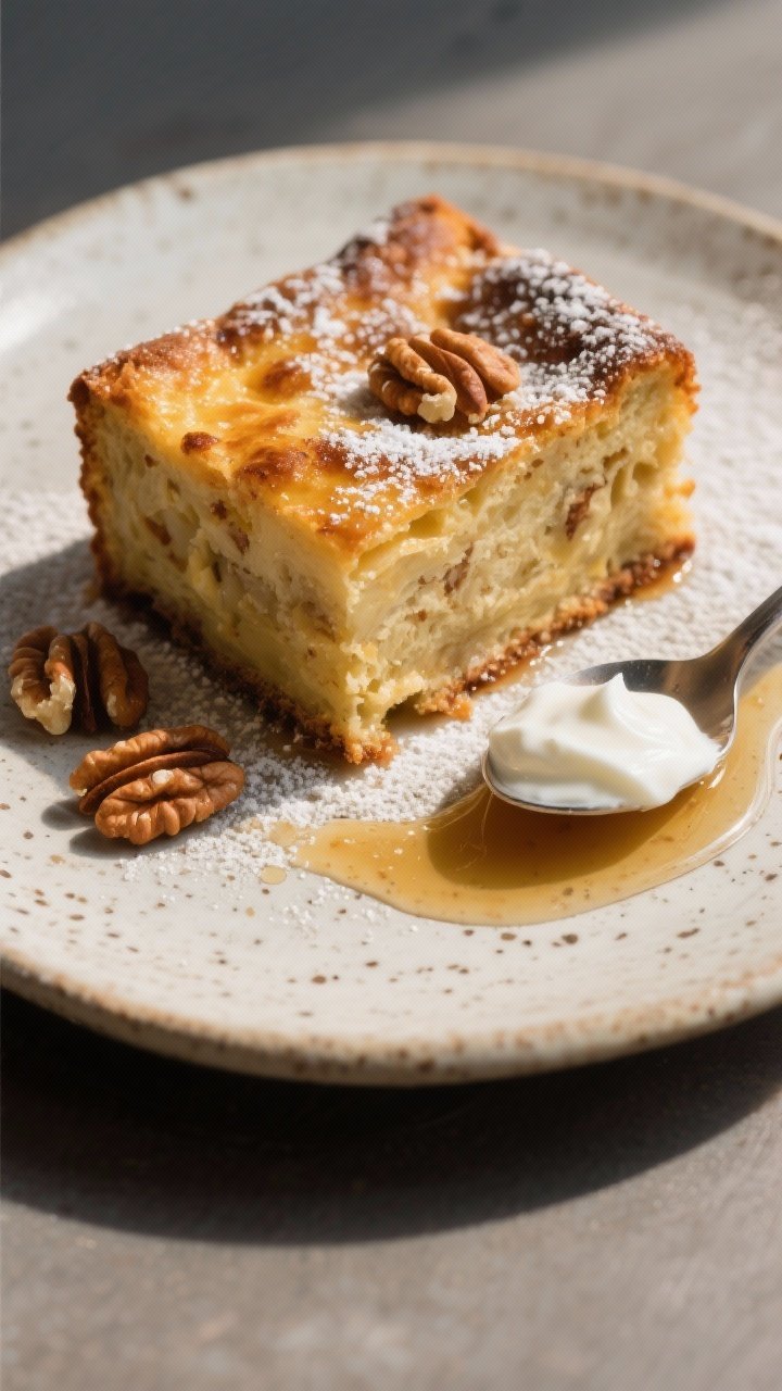 Final plated dish: Restaurant-quality presentation of a warm square of Banana Bread Breakfast Casser