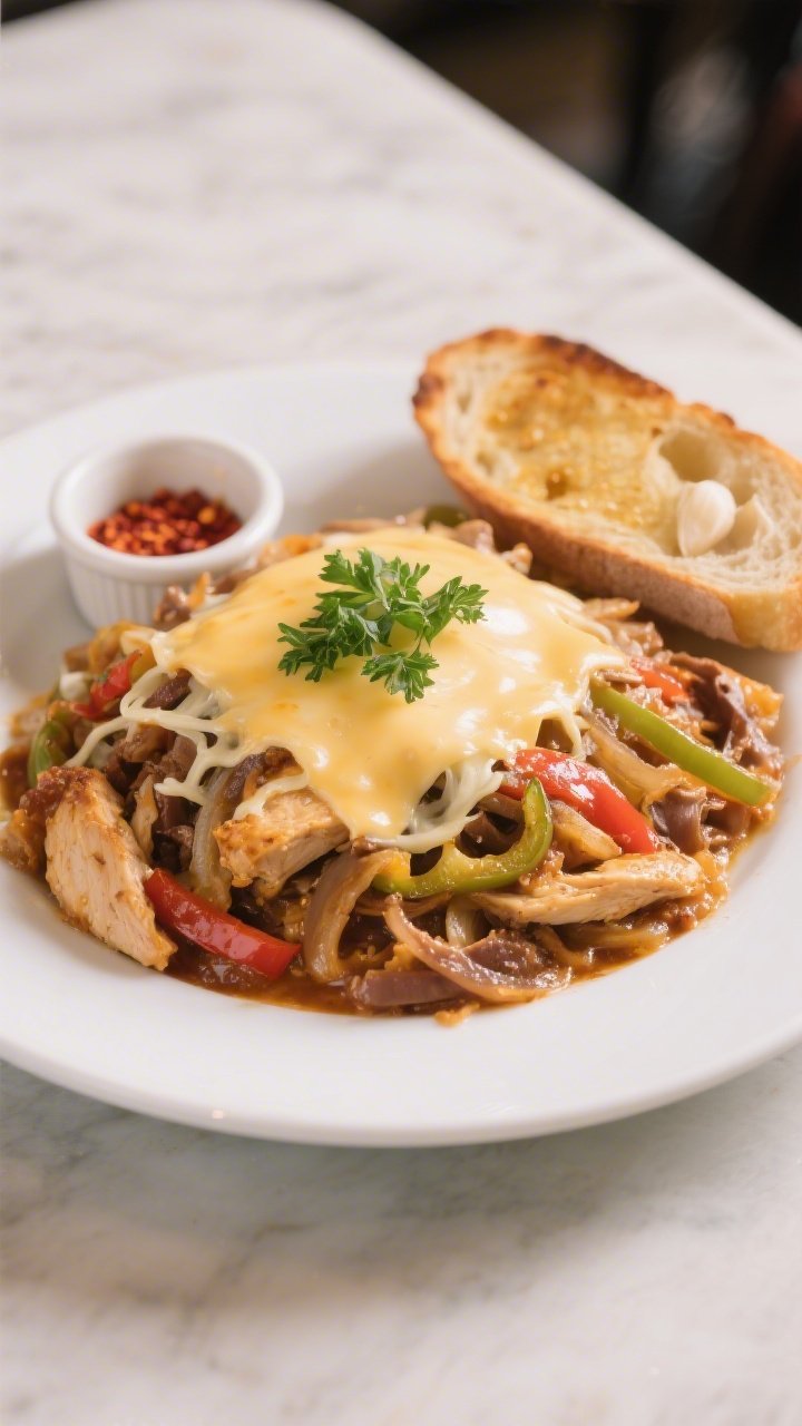 Final plated dish: Restaurant-quality presentation of a generous scoop of Chicken Philly Cheesesteak