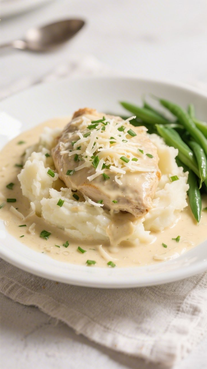 Final plated dish: Restaurant-quality presentation of Creamy White Cheddar Chicken spooned over butt