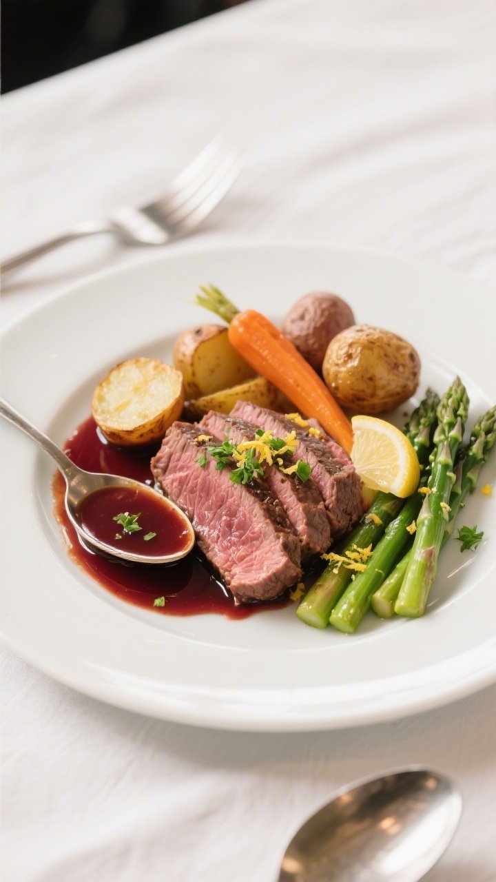 Final plated dish: Restaurant-quality presentation of sliced beef roast fanned on a white rimmed pla