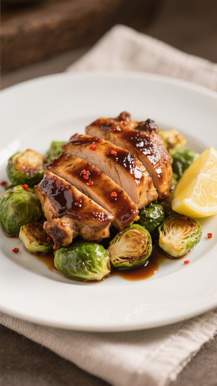 Final plated dish: Restaurant-quality presentation of balsamic-glazed chicken thighs sliced and fann