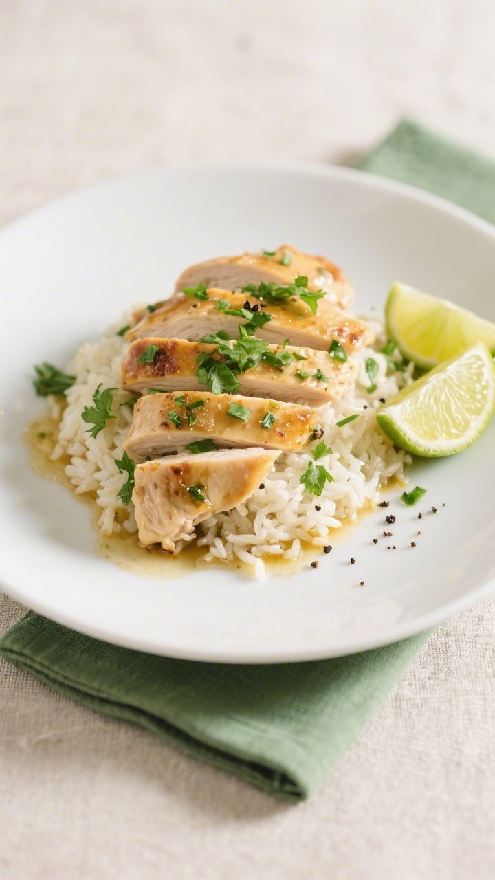 Final plated dish, restaurant-style: Beautifully plated sliced Lime Cilantro Chicken fanned over flu
