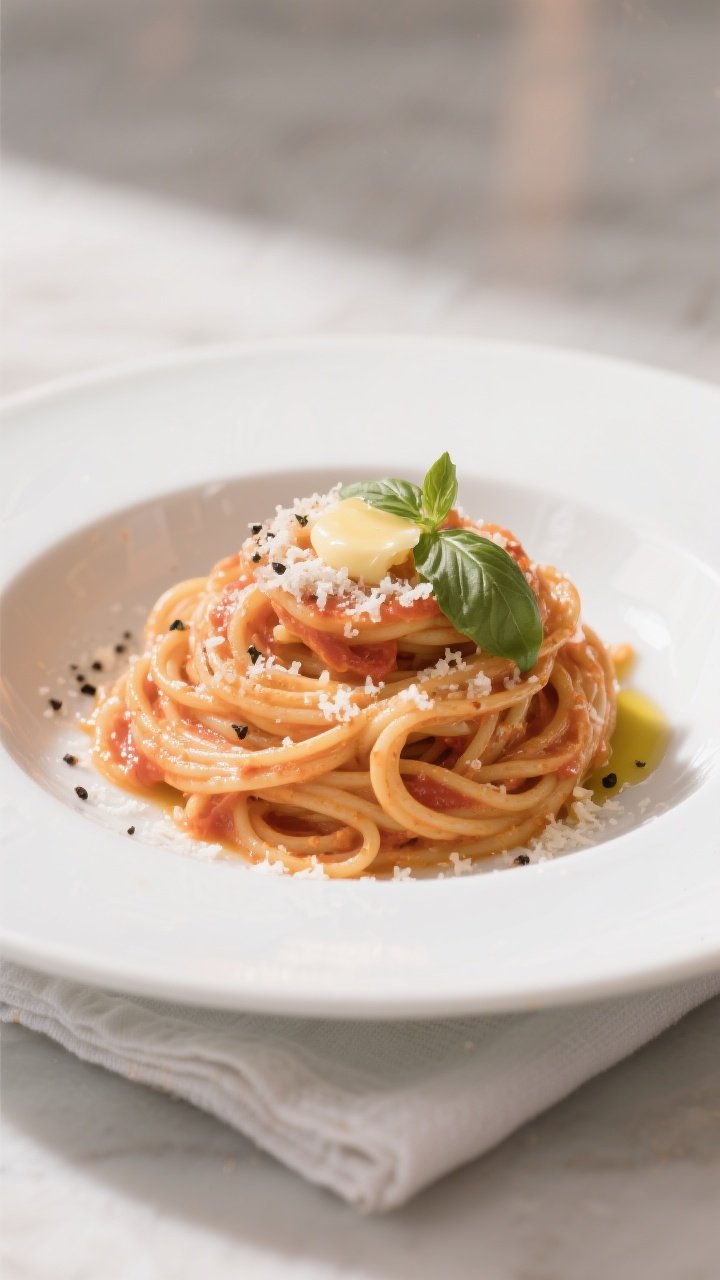 Final plated dish, restaurant-style: Spaghetti with tomato cream vodka sauce twirled into a neat nes