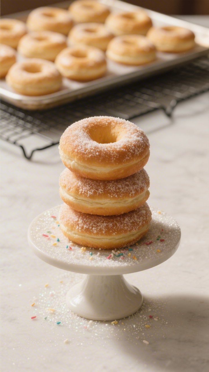 Final plated hero shot: a stack of three sourdough discard birthday cake sugar donuts on a small ped