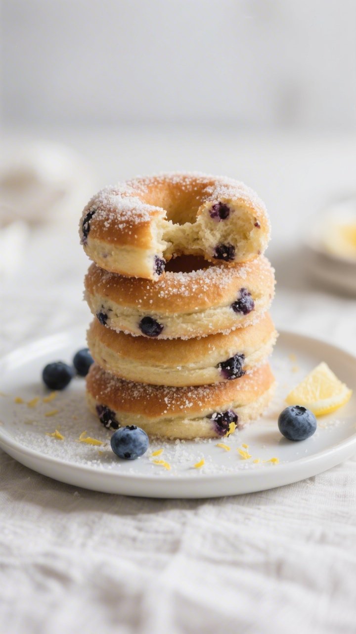 Final plated hero shot: beautifully stacked sourdough discard blueberry sugar donuts on a matte whit