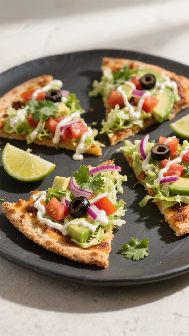 Final plated hero: Sliced Low-Carb Taco Pizza on a dark matte platter, each slice crowned with shred