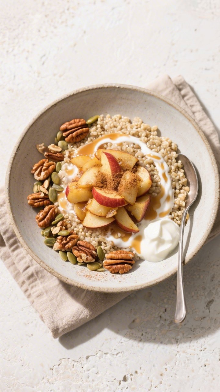 Final plated overhead: Apple Cinnamon Quinoa Breakfast Bowl beautifully assembled in a wide, shallow