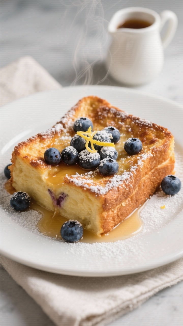 Final plated presentation: A generous square of blueberry French toast casserole served warm on a ma