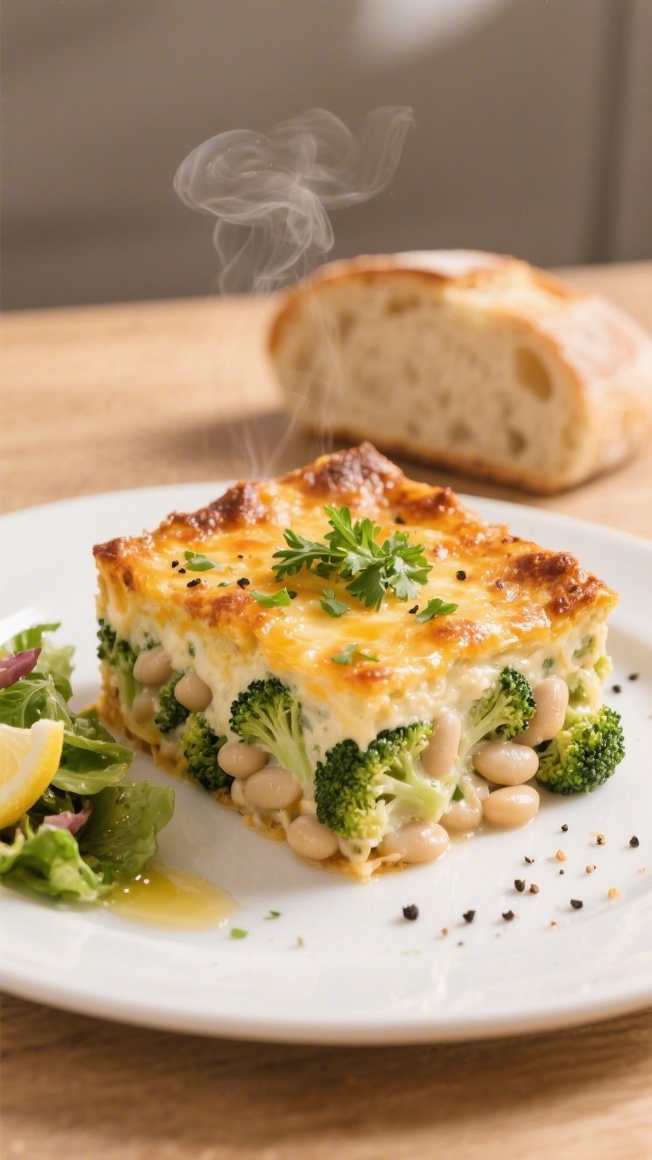 Final plated presentation: a generous square of High Protein Broccoli Bean Cheddar Bake on a warm wh