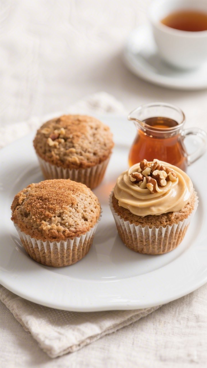 Final plated presentation: Beautifully arranged trio of High-Fiber Bran Maple Cupcakes on a white ce