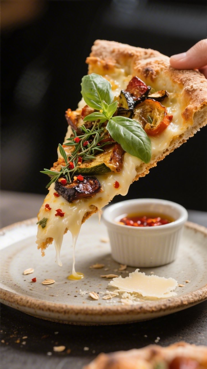 Final plated presentation — Close-up of a single sliced wedge lifted slightly from a rustic cerami