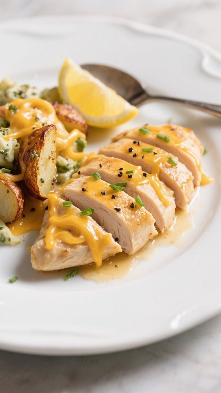 Final plated presentation, close-up: Sliced cheddar-topped chicken breast fanned on a white ceramic 