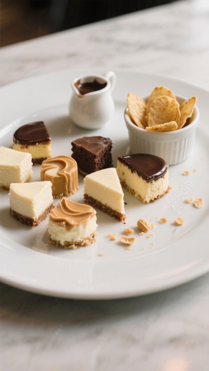 Final plated presentation of assorted cheesecake bites arranged on a matte white platter: some class