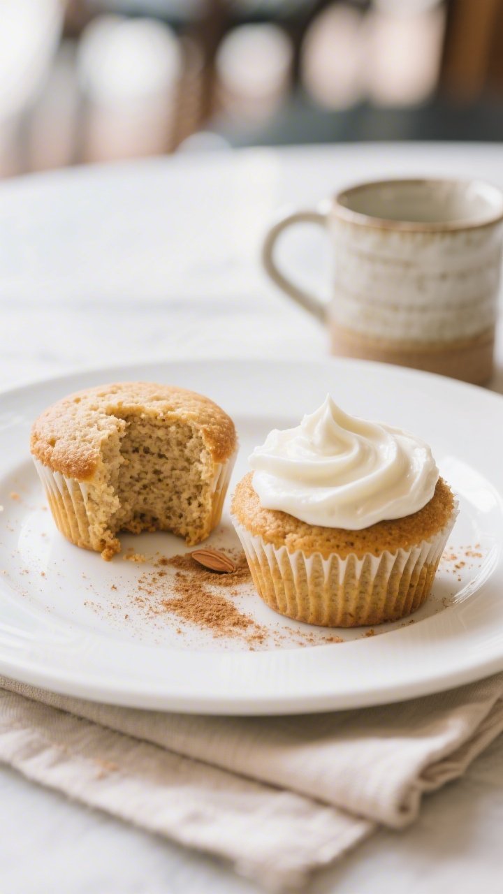 Final plated presentation of Healthy Snickerdoodle Almond Flour Cupcakes on a simple white dessert p