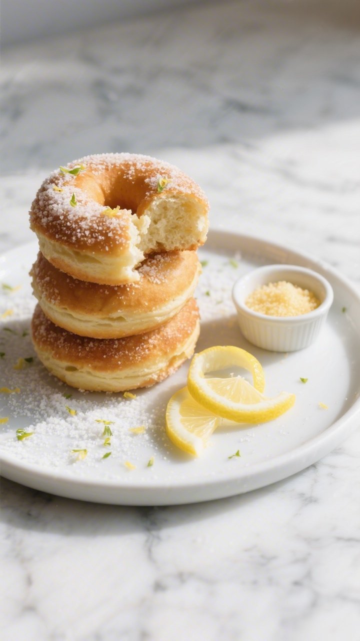 Final plated presentation: restaurant-quality arrangement of lemon sugar–coated sourdough donuts s