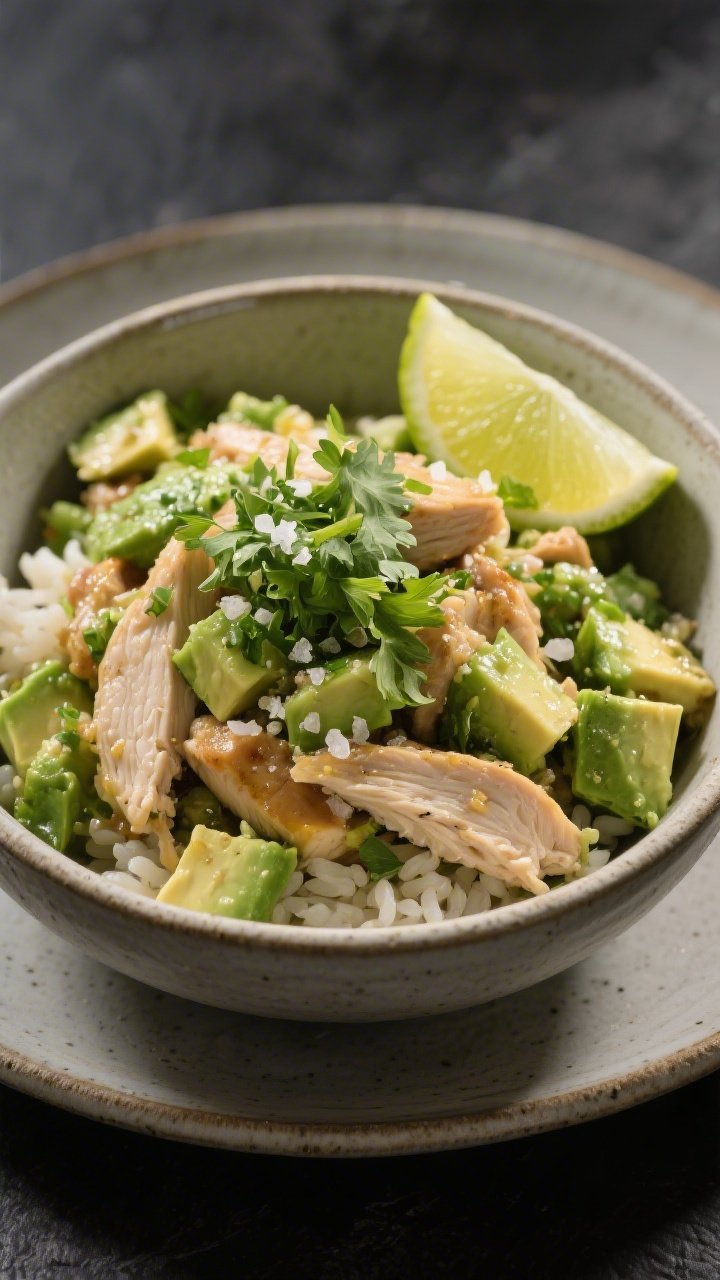 Final plated presentation: Restaurant-quality plating of the Avocado Chicken Bowl on a wide, shallow