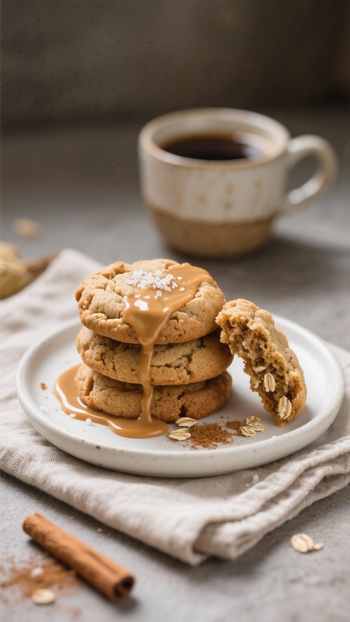 Final plated presentation: stack of three soft peanut butter banana cookies on a matte white plate w