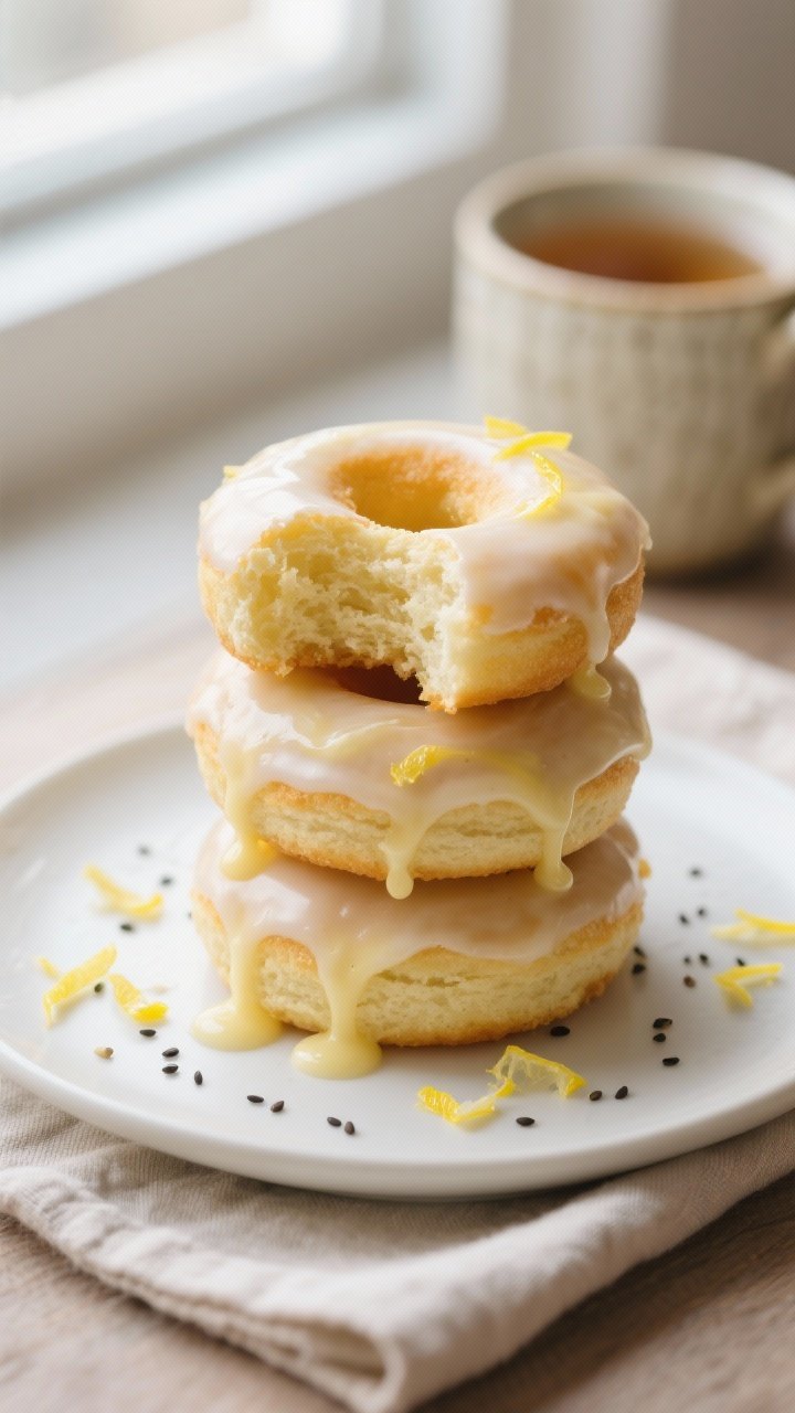 Final plated presentation: three lemon-glazed baked donuts stacked and offset on a matte white plate