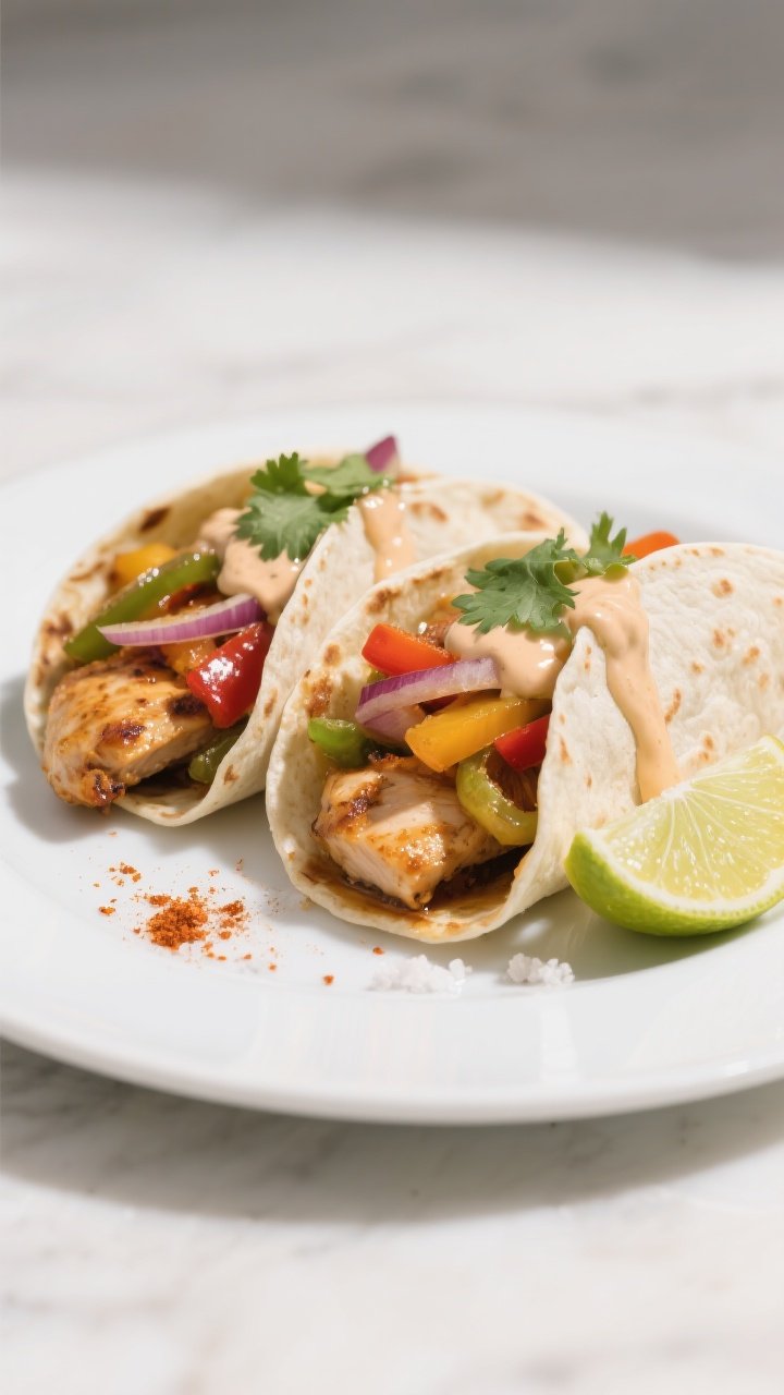 Final plated restaurant-quality shot: two assembled chicken fajitas on a white ceramic plate, tortil