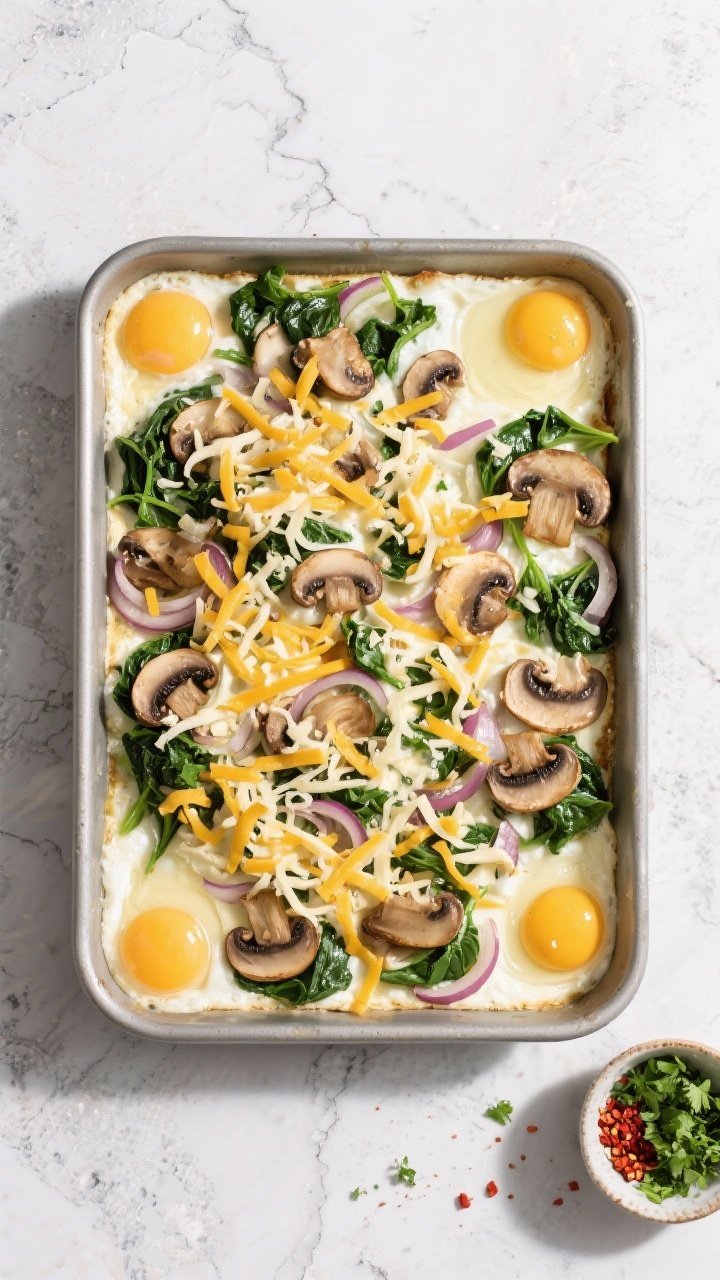 Overhead assembly shot: of the 9x13 egg bake just before going into the oven—an even layer of saut