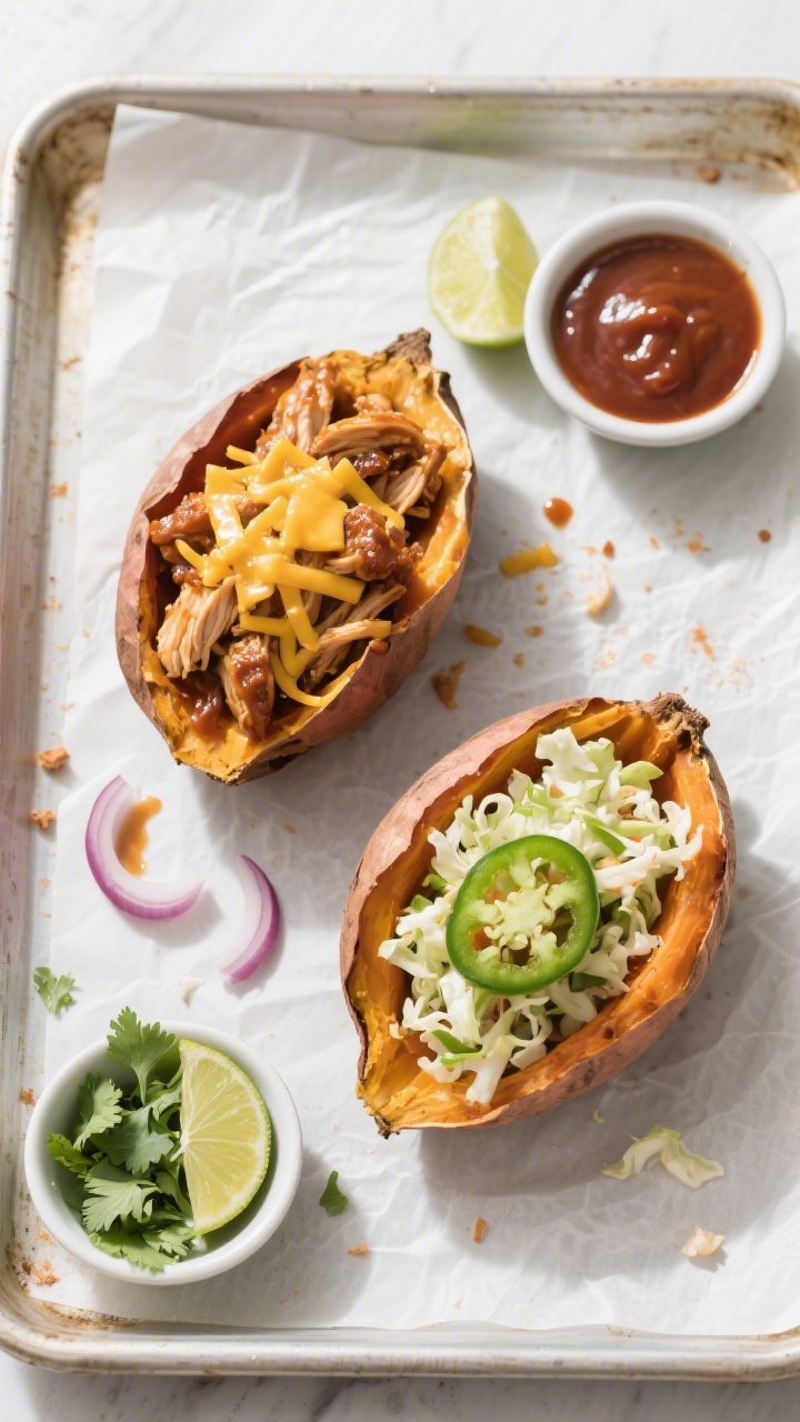 Overhead “build-your-own” scene: of two opened baked sweet potatoes ready for stuffing, one alre