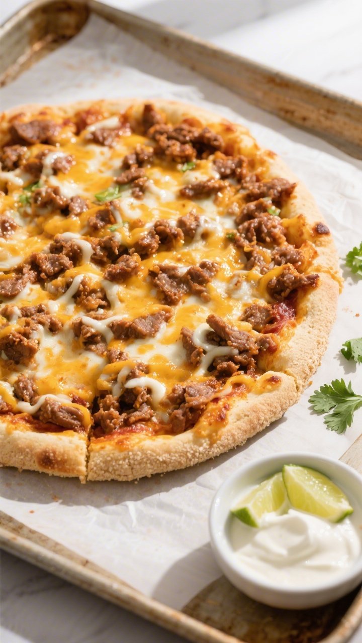 Overhead “just baked” shot: Low-carb almond flour–mozzarella crust pizza on parchment-lined sh