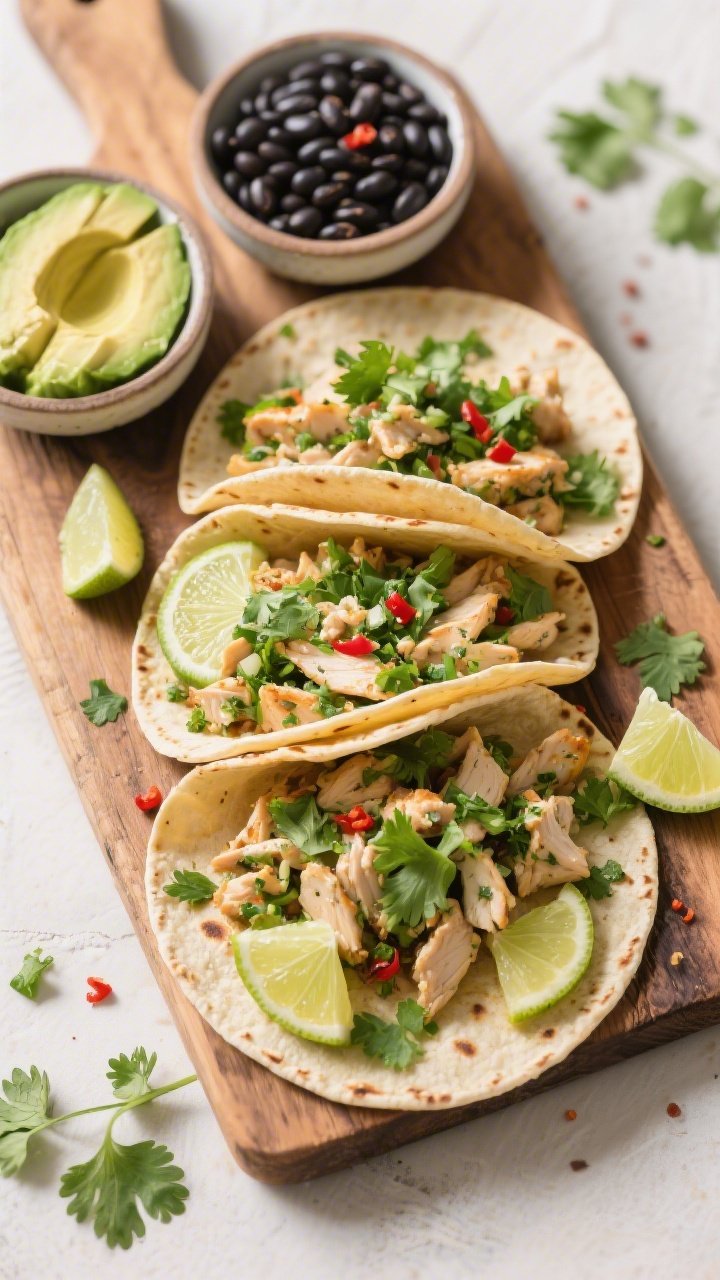 Overhead “taco night” spread: Top-down shot of warm tortillas filled with chopped Lime Cilantro 