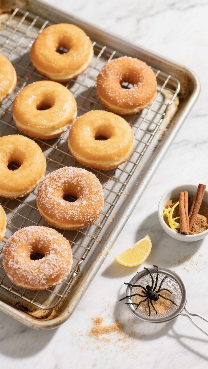 Overhead “tasty top view”: a baking sheet fitted with a wire rack holding a warm batch of donuts