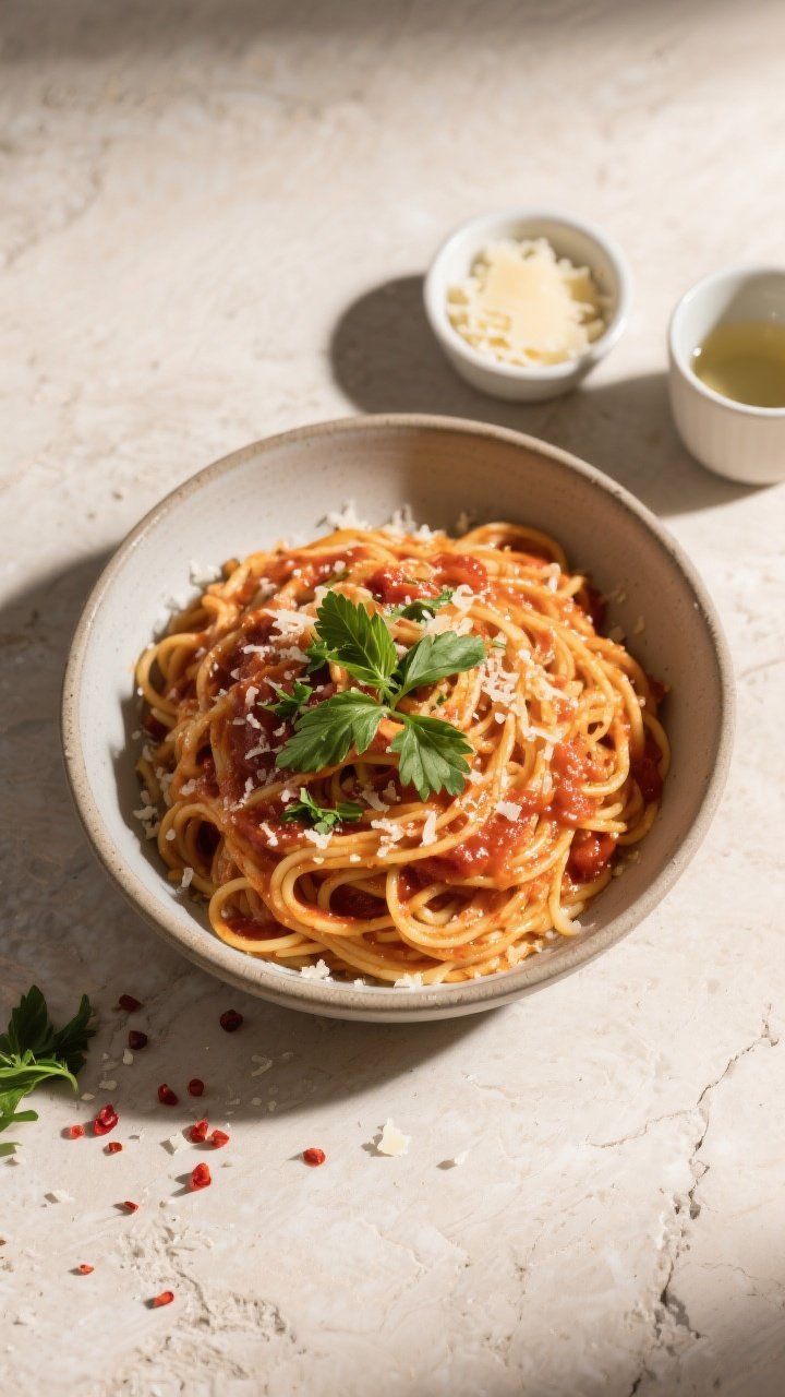 Overhead “tasty top view”: A generous bowl of spaghetti alla vodka, overhead shot showing glossy