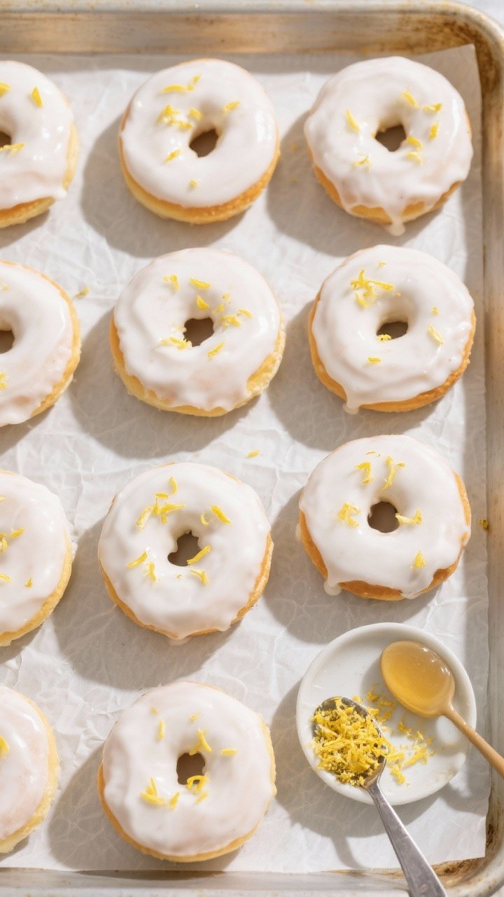 Overhead tasty top view: a neat grid of fully glazed baked lemon donuts on parchment over a sheet pa