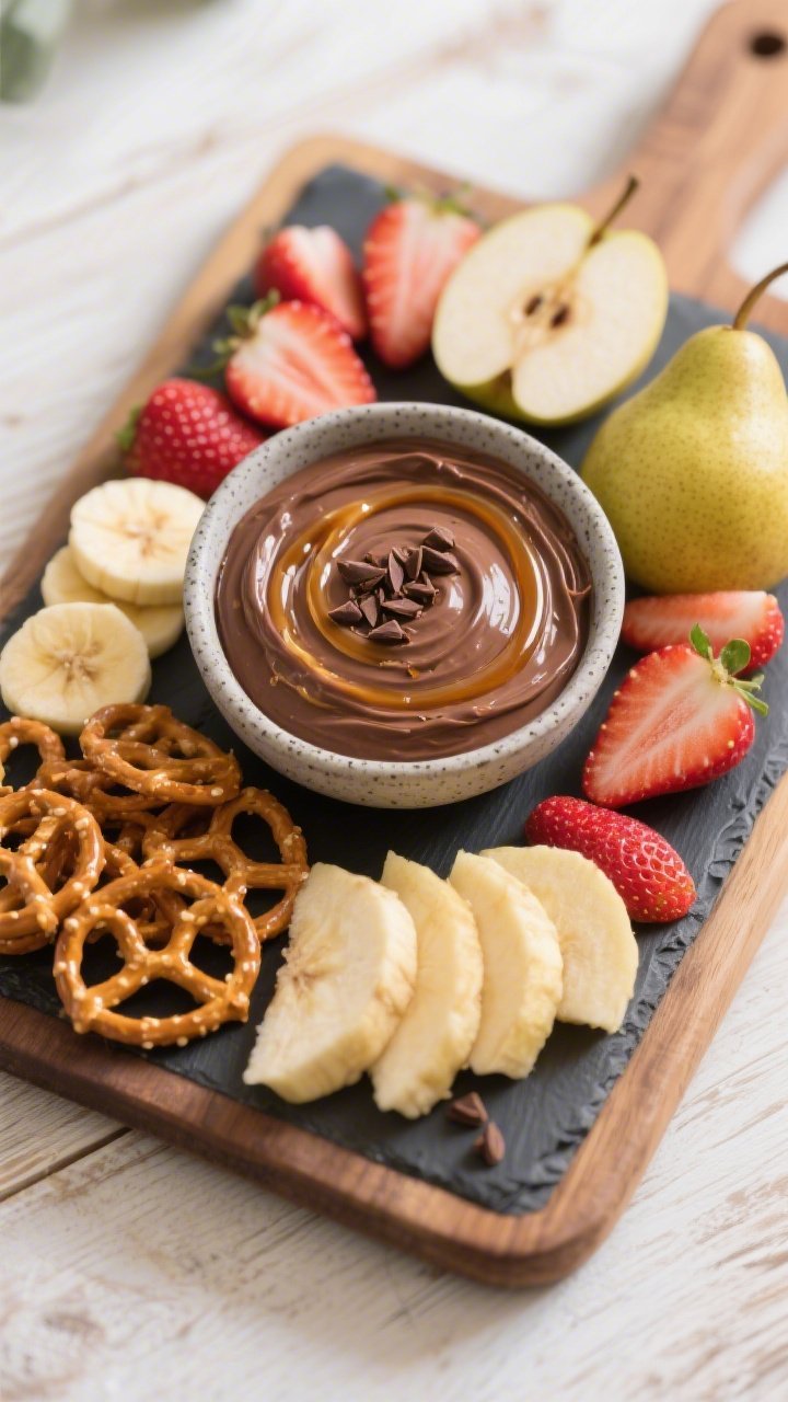 Overhead “tasty top view”: A snack board spread featuring the finished chocolate protein dip cen